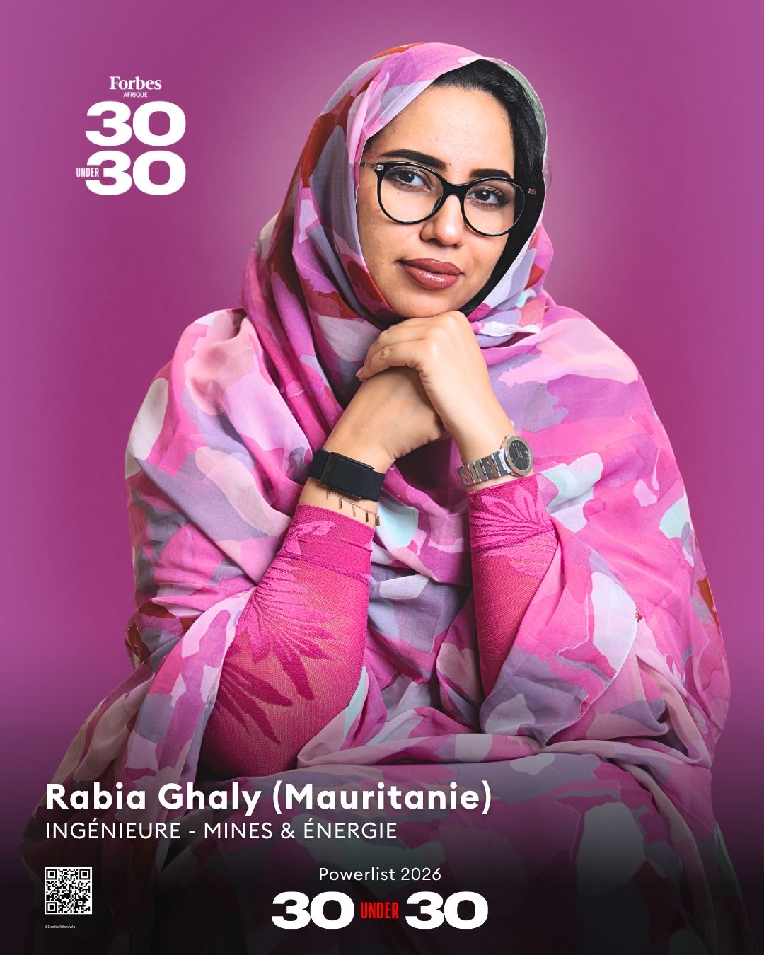Forbes Afrique 30 Under 30 Powerlist 2026 cover featuring Rabia Ghaly, Ingénieure — Mines & Énergie